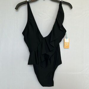 Kona Sol Ruffled black one piece bathing suit Size Small with adjustable straps